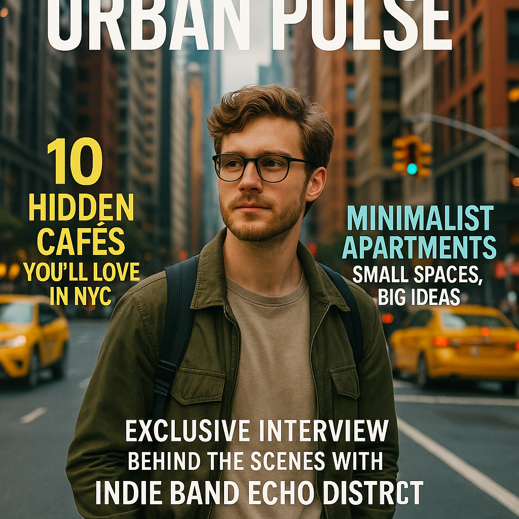 Create a professional and visually engaging magazine cover for a lifestyle magazine called "Urban Pulse." Include these featured article headlines clearly: "10 Hidden Cafés You'll Love in NYC" "Minimalist Apartments: Small Spaces, Big Ideas" "Exclusive Interview: Behind the Scenes with Indie Band Echo District" Use contemporary typography, vibrant colors, and include an eye-catching main photograph with a person standing in front of a city scene  