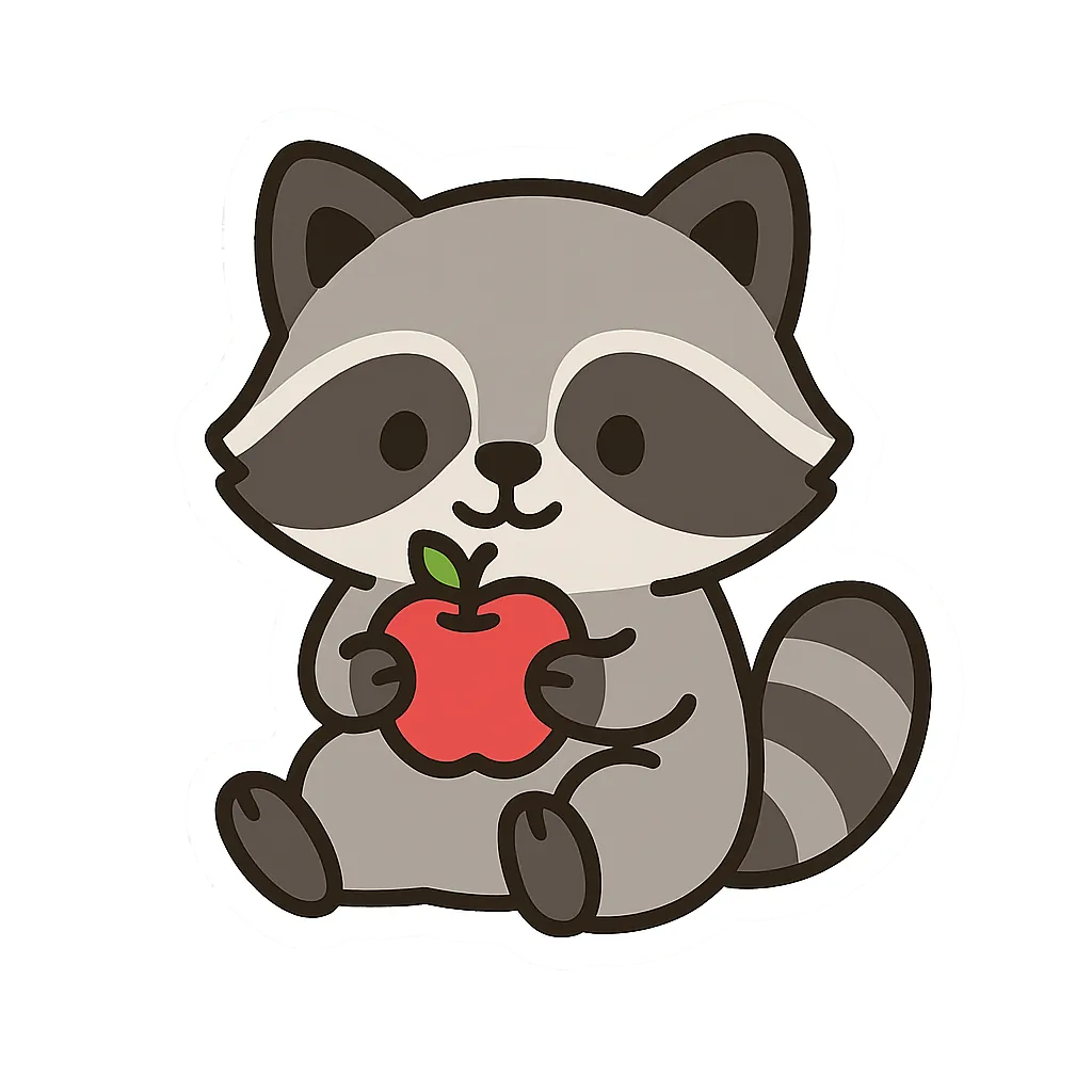 can you make me a cute minimalist racoon eating a apple sticker? use a thick white border and transparent background. 1:1